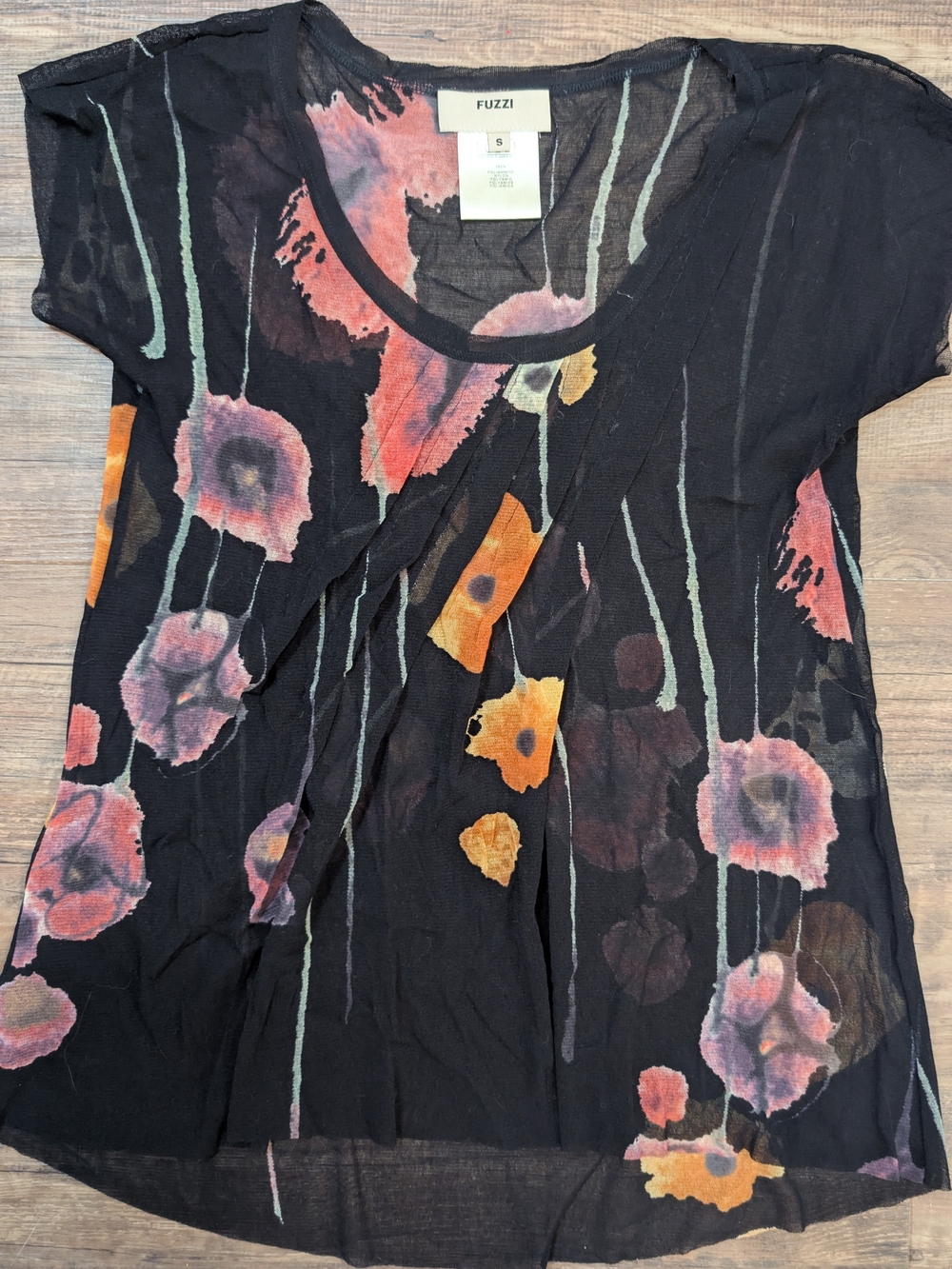 Fuzzi Black Floral Sheer Short Sleeve Top